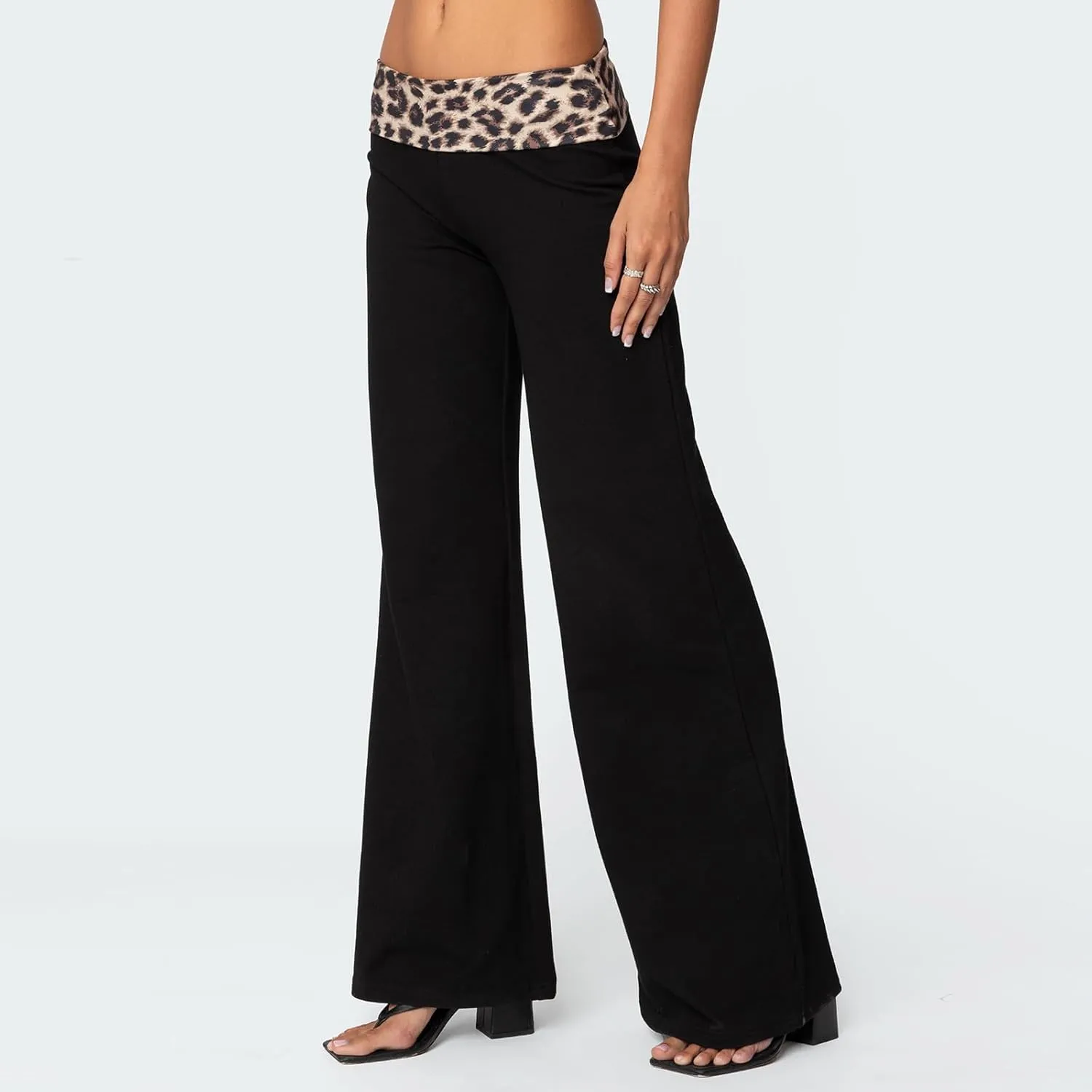 SOLILOQUY Women Leopard Waistband Slight Flare Pants Solid Color Bell Bottoms Trendy Bootcut Trousers Y2K Streetwear