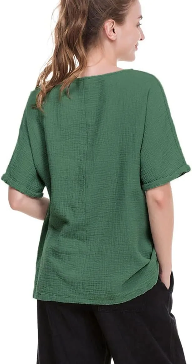Soojun Women's Cotton Linen Round Collar Boxy Top Patchwork Blouses