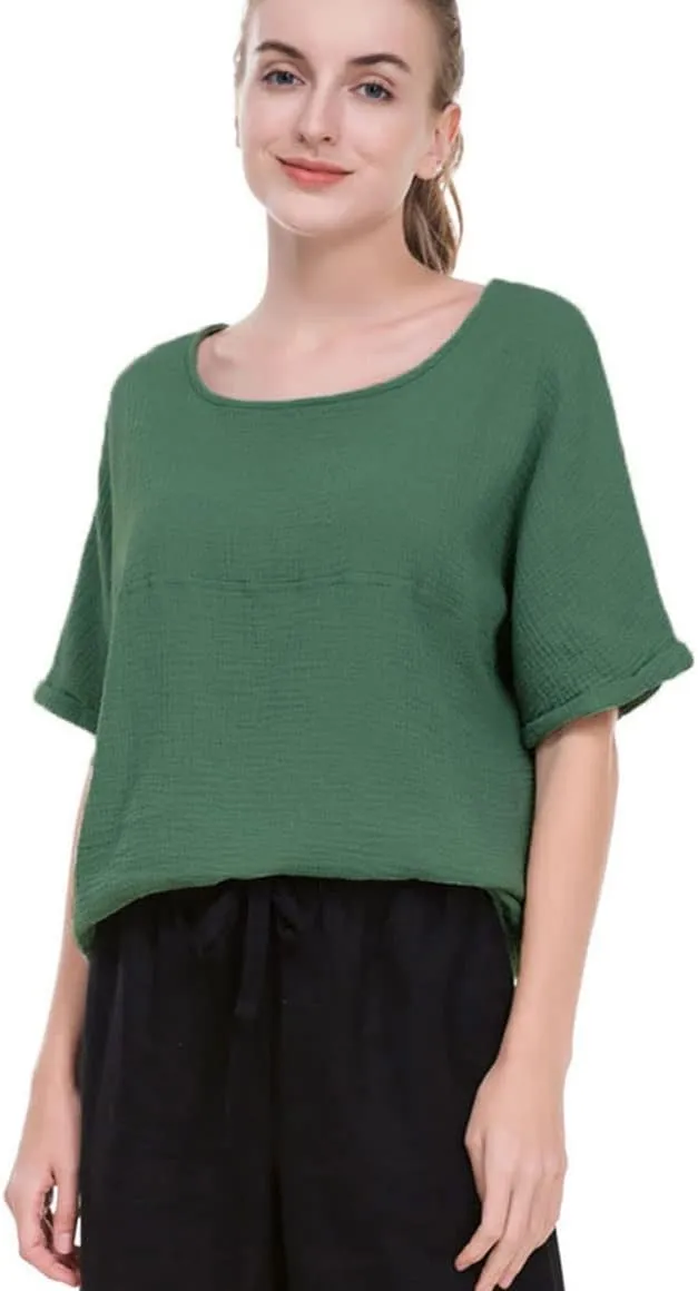 Soojun Women's Cotton Linen Round Collar Boxy Top Patchwork Blouses