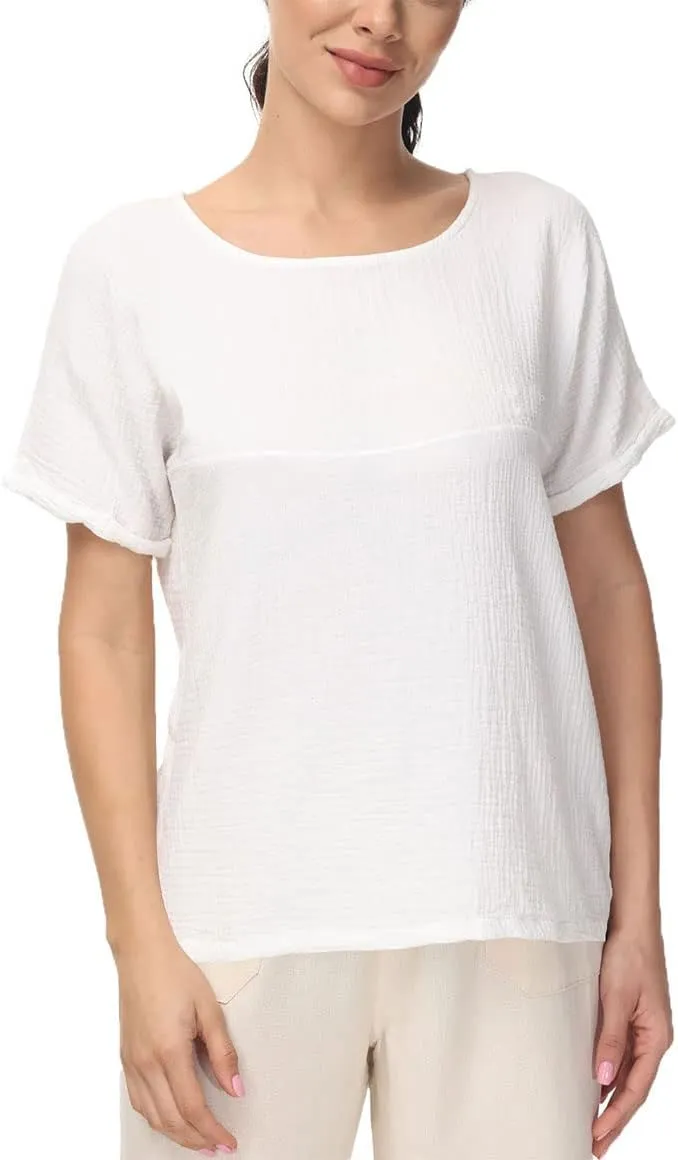 Soojun Women's Cotton Linen Round Collar Boxy Top Patchwork Blouses
