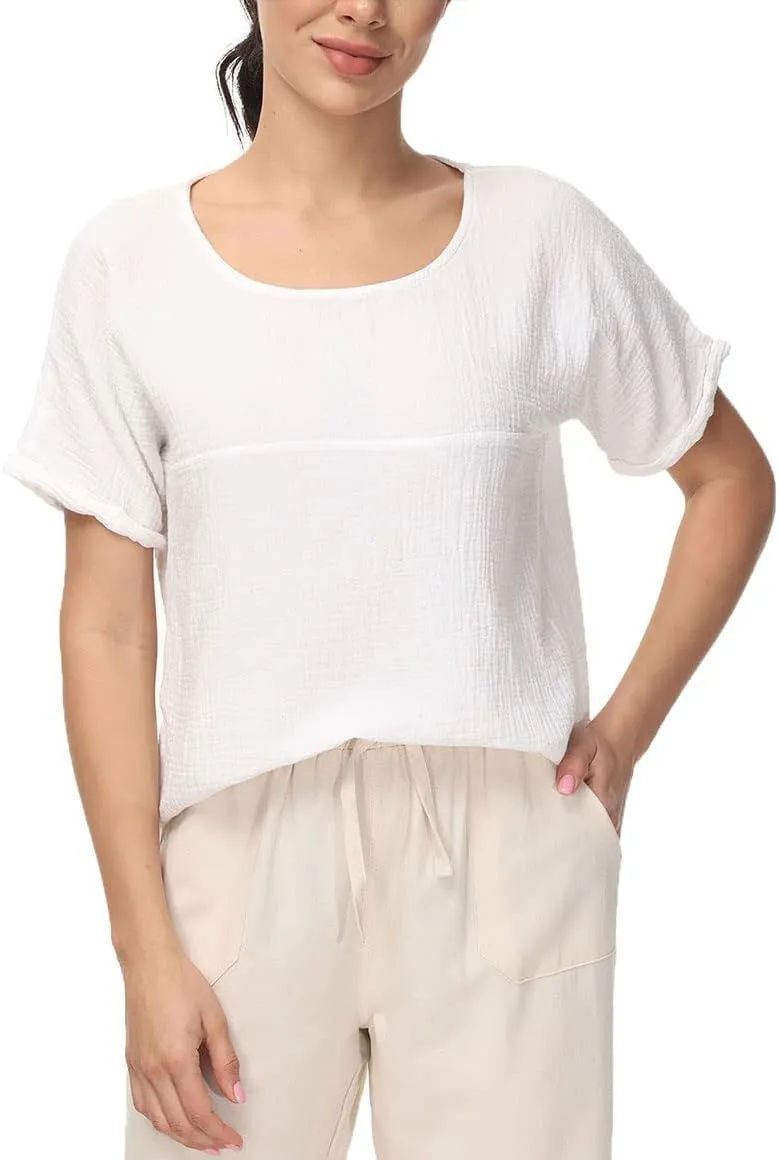 Soojun Women's Cotton Linen Round Collar Boxy Top Patchwork Blouses
