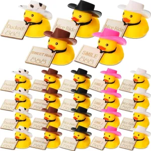 Sotiff 24 Sets Cowboy Rubber Duck Bulk Mini Yellow Duckies Tiny Bathtub Ducks with Cowboy Hat Sweet Ride Tags for Car Decor Summer Birthday Swimming Party Favor