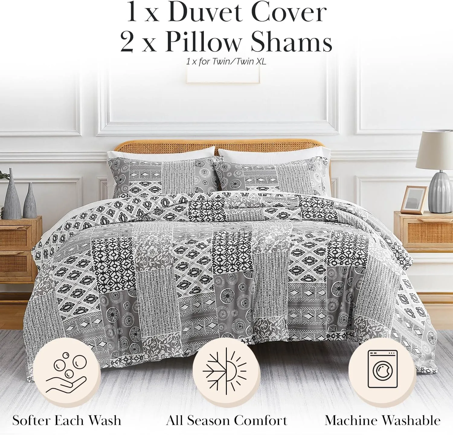 Southshore Fine Living, Inc. Patchwork Duvet Cover Queen Size/Full Size, Hotel Quality Bedding Set, Reversible Full/Queen Duvet Cover, Full Set with 2 Matching Pillow Shams - Global Patchwork Grey