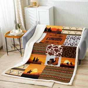 Southwest Cowboy Flannel Blanket,Cowhide Western Arrow Horseshoes Fuzzy Blanket for Children Present,Bull Boho Tribal Aztec Stripes Patchwork Polyester Throw Blanket for Couch, Twin (60 x 80 Inch)