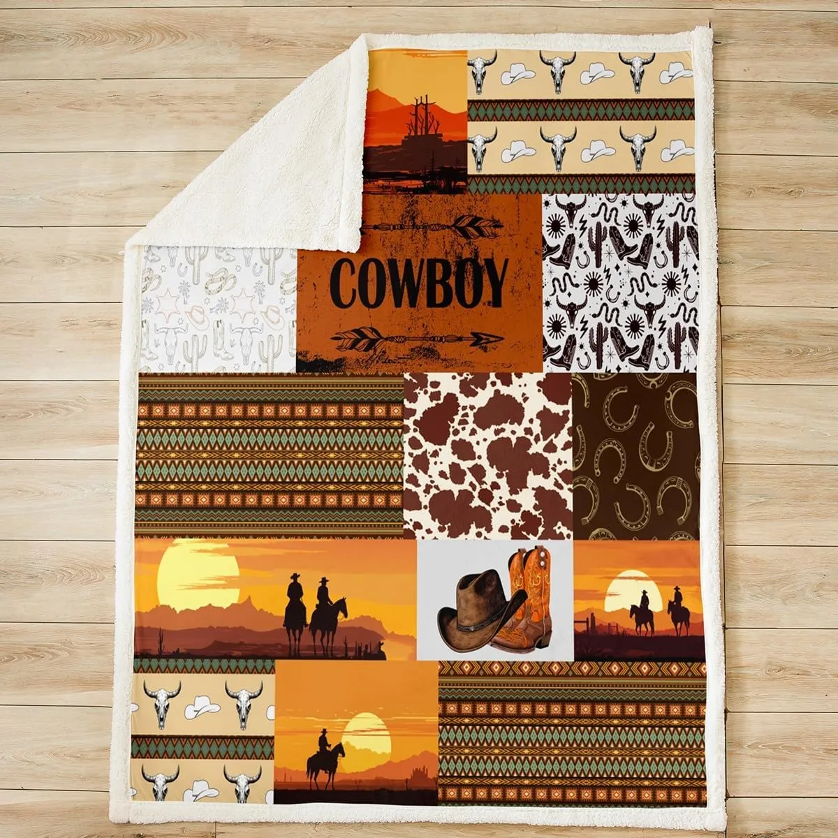 Southwest Cowboy Flannel Blanket,Cowhide Western Arrow Horseshoes Fuzzy Blanket for Children Present,Bull Boho Tribal Aztec Stripes Patchwork Polyester Throw Blanket for Couch, Twin (60 x 80 Inch)