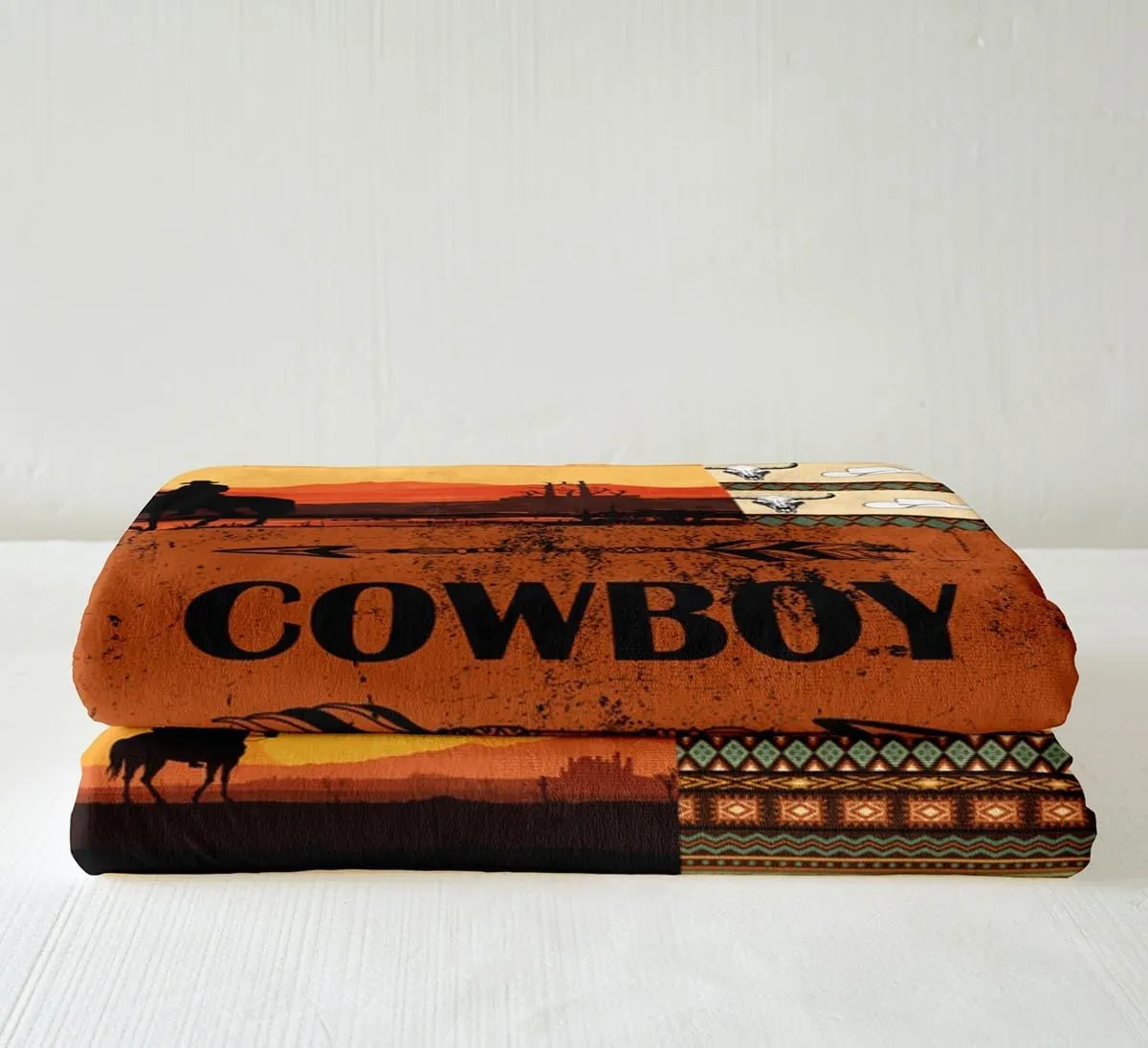 Southwest Cowboy Flannel Blanket,Cowhide Western Arrow Horseshoes Fuzzy Blanket for Children Present,Bull Boho Tribal Aztec Stripes Patchwork Polyester Throw Blanket for Couch, Twin (60 x 80 Inch)