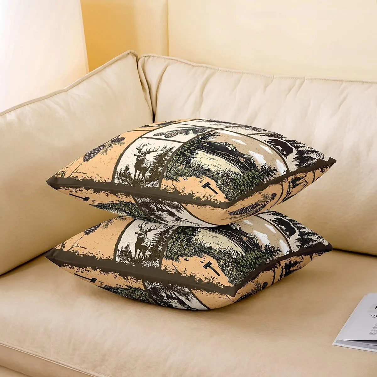 Southwestern Pack of 4 Throw Pillow Covers 20x20 Inch Cabin Pillow Covers for Kids Boys Girls Woodland Patchwork Wildlife Deer Cushion Covers Pine Tree Mountain River Retro Cushion Cases