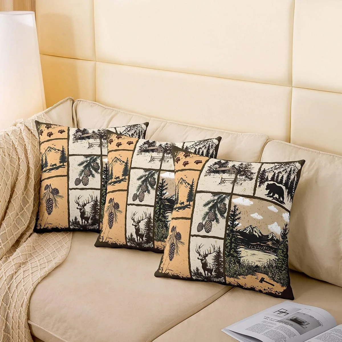 Southwestern Pack of 4 Throw Pillow Covers 20x20 Inch Cabin Pillow Covers for Kids Boys Girls Woodland Patchwork Wildlife Deer Cushion Covers Pine Tree Mountain River Retro Cushion Cases