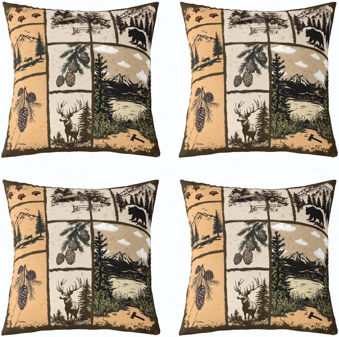 Southwestern Pack of 4 Throw Pillow Covers 20x20 Inch Cabin Pillow Covers for Kids Boys Girls Woodland Patchwork Wildlife Deer Cushion Covers Pine Tree Mountain River Retro Cushion Cases