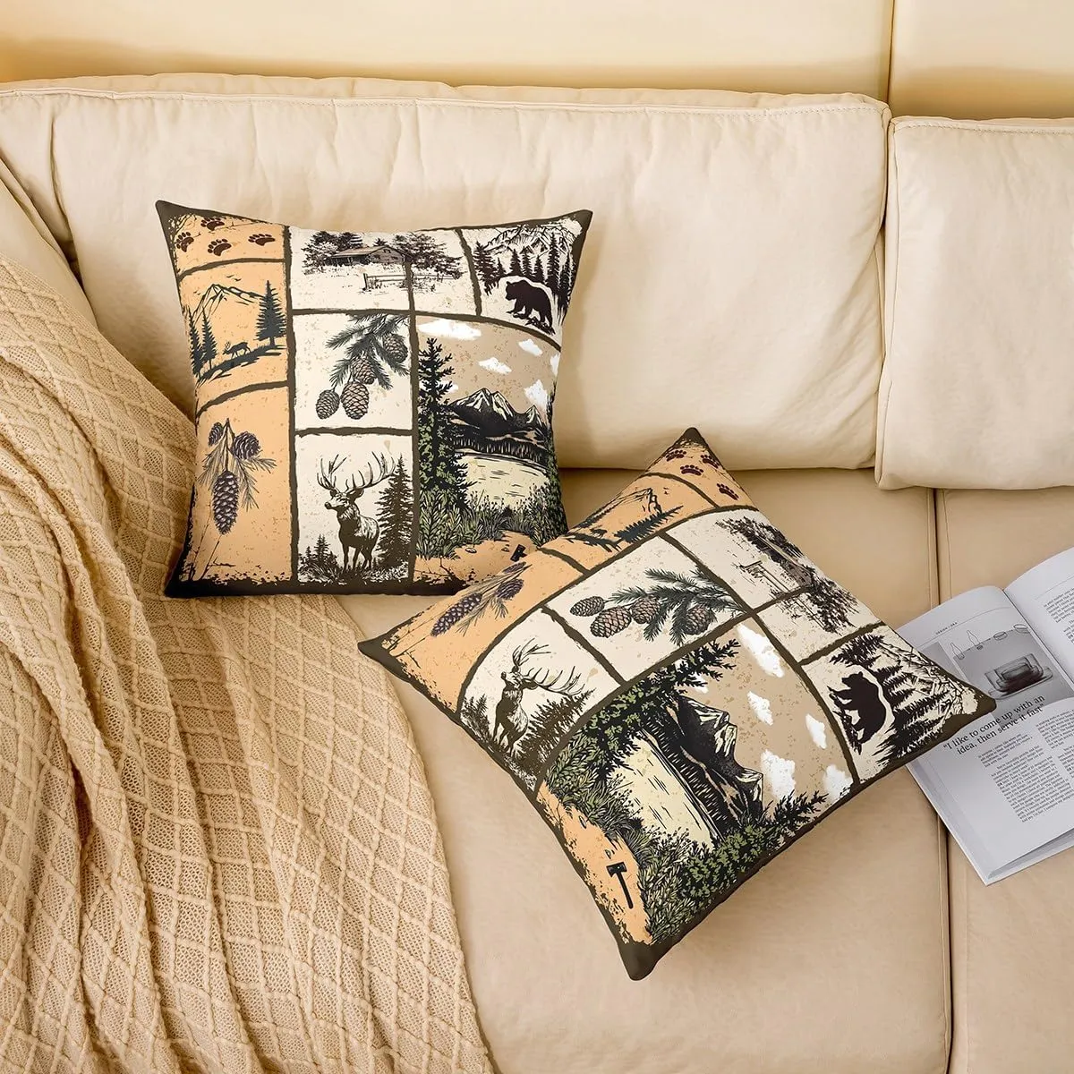 Southwestern Pack of 4 Throw Pillow Covers 20x20 Inch Cabin Pillow Covers for Kids Boys Girls Woodland Patchwork Wildlife Deer Cushion Covers Pine Tree Mountain River Retro Cushion Cases