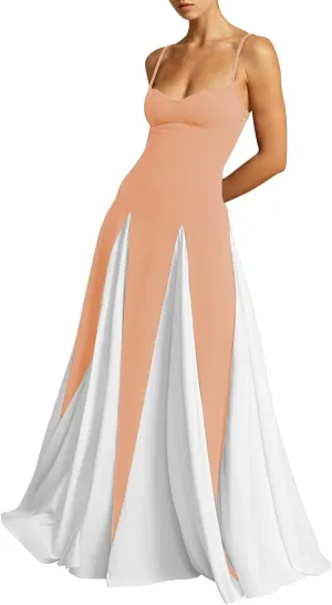 Spaghetti Straps Prom Dresses Sleeveless Patchwork Pleated Long Evening Dress