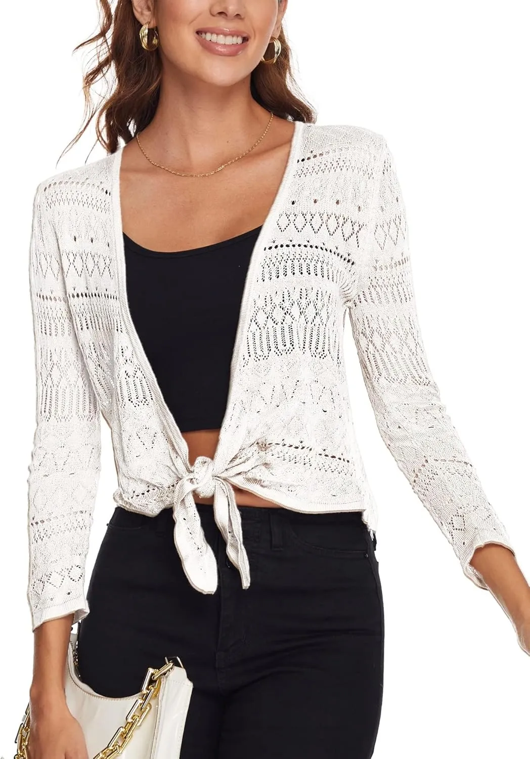 Spicy Sandia Women's Tie Front Sheer Shrug 3/4 Sleeve Crochet Cropped Cardigan Sweater for Summer Lightweight