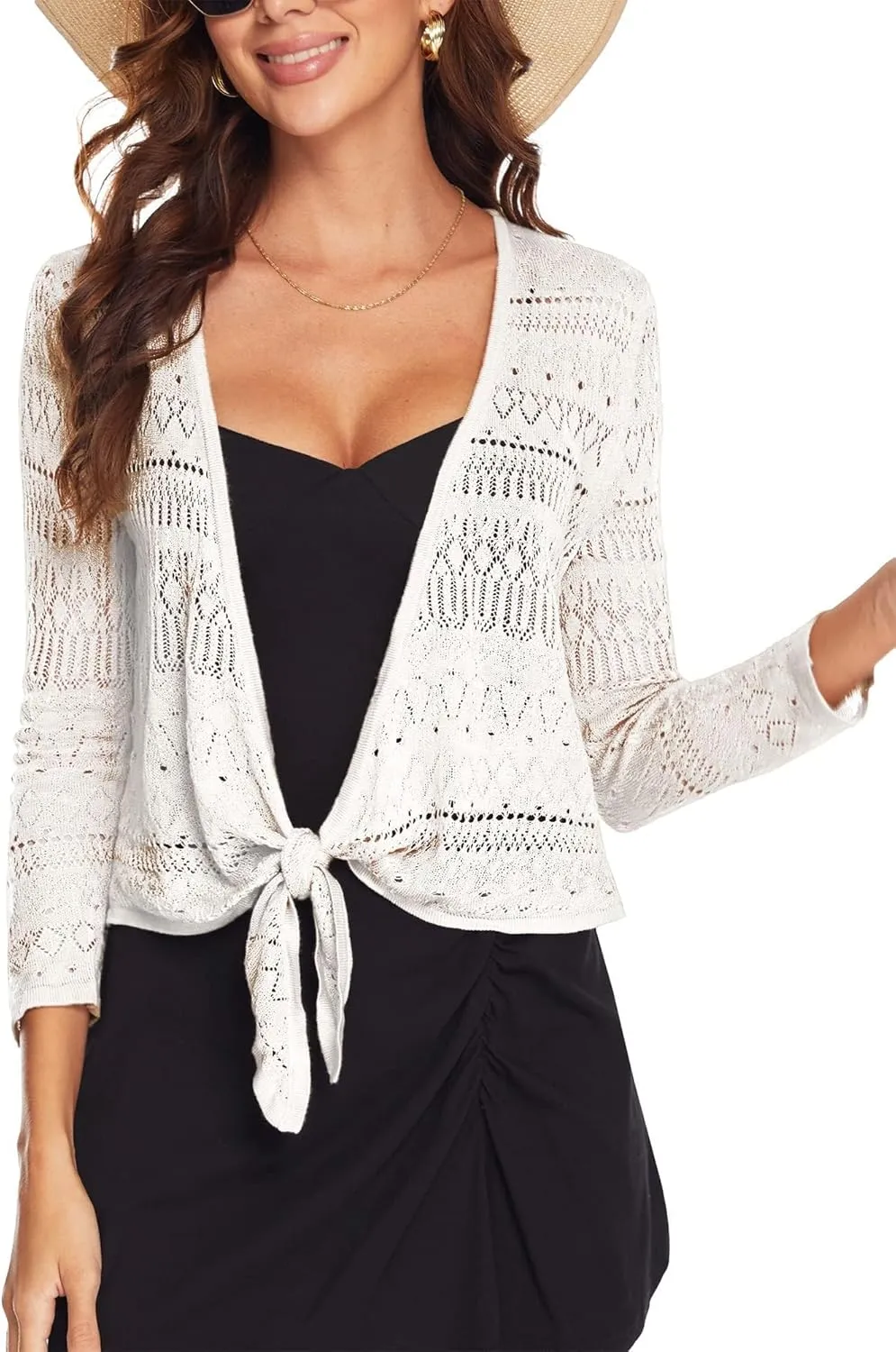 Spicy Sandia Women's Tie Front Sheer Shrug 3/4 Sleeve Crochet Cropped Cardigan Sweater for Summer Lightweight