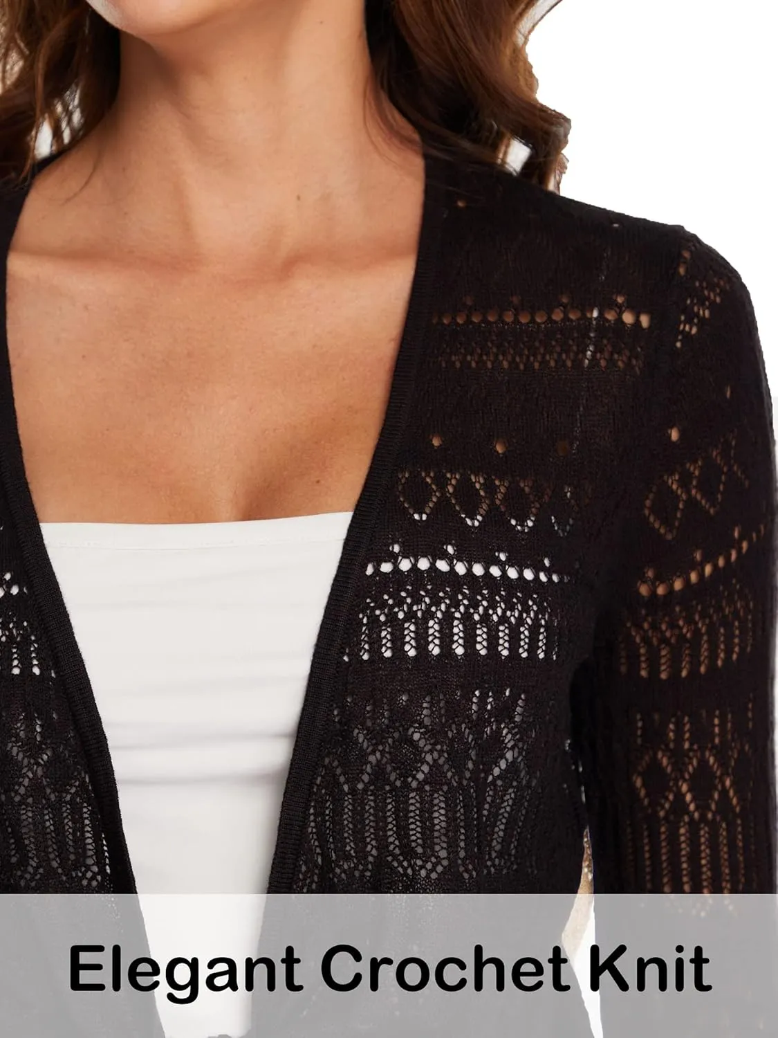 Spicy Sandia Women's Tie Front Sheer Shrug 3/4 Sleeve Crochet Cropped Cardigan Sweater for Summer Lightweight