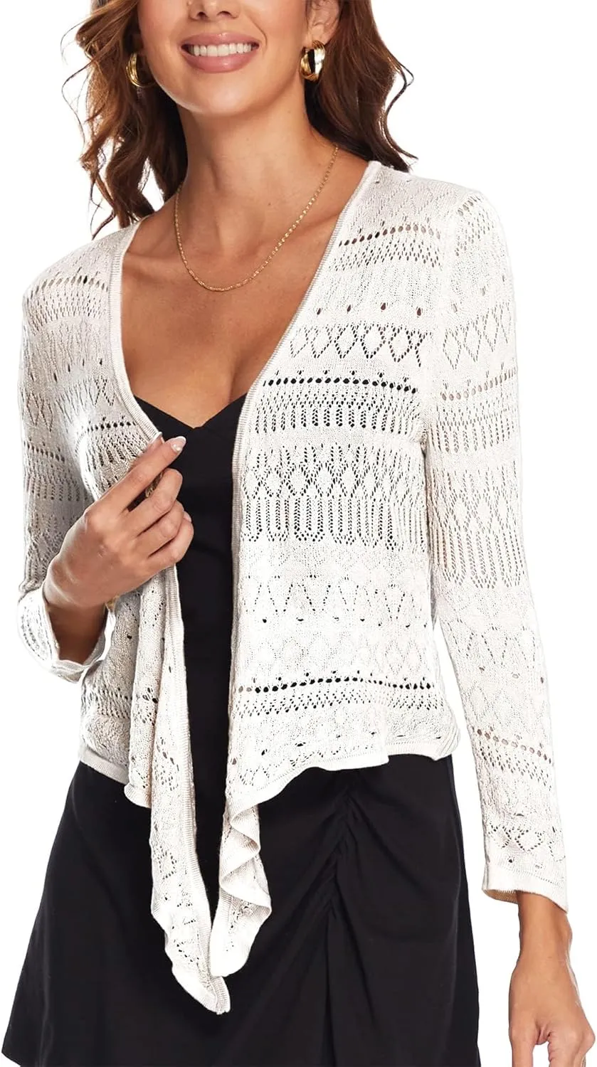 Spicy Sandia Women's Tie Front Sheer Shrug 3/4 Sleeve Crochet Cropped Cardigan Sweater for Summer Lightweight