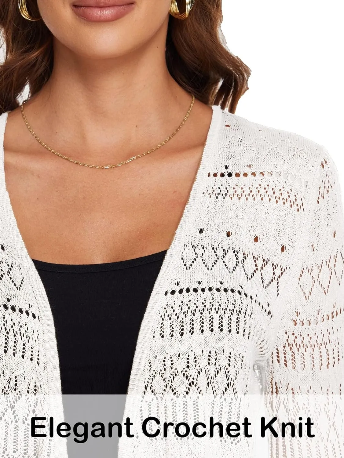 Spicy Sandia Women's Tie Front Sheer Shrug 3/4 Sleeve Crochet Cropped Cardigan Sweater for Summer Lightweight