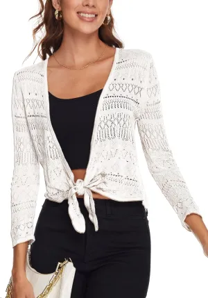 Spicy Sandia Women's Tie Front Sheer Shrug 3/4 Sleeve Crochet Cropped Cardigan Sweater for Summer Lightweight