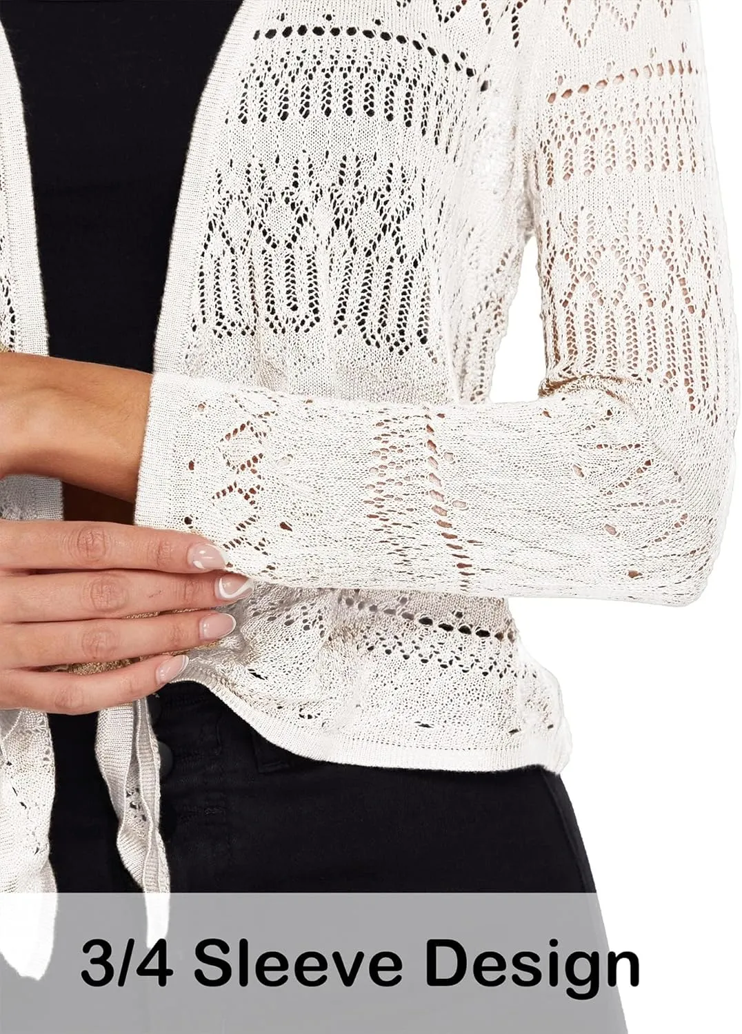 Spicy Sandia Women's Tie Front Sheer Shrug 3/4 Sleeve Crochet Cropped Cardigan Sweater for Summer Lightweight