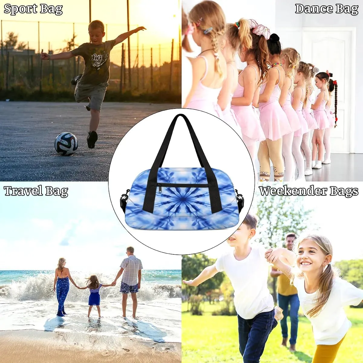 Sport Duffel Bag Blue Tie Dye Theme Kids Gym Bag Weekender Overnight Bags for Boys Girls Teens Carry On Workout Travel Bag