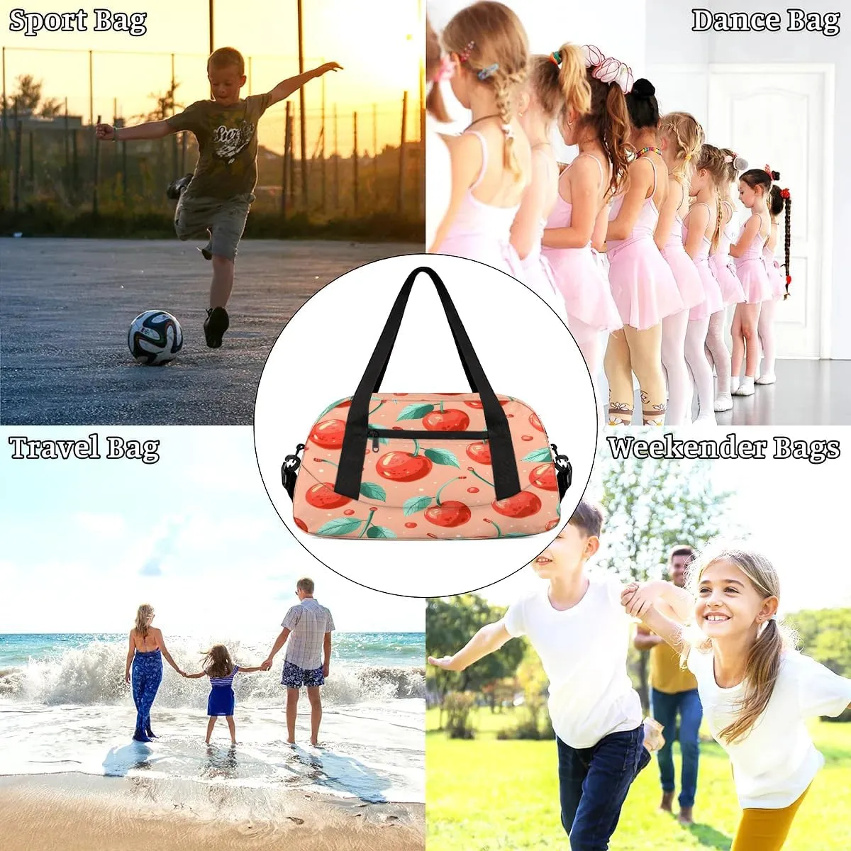 Sport Duffel Bag Cherries Print Kids Gym Bag Weekender Overnight Bags for Boys Girls Teens Carry On Workout Travel Bag