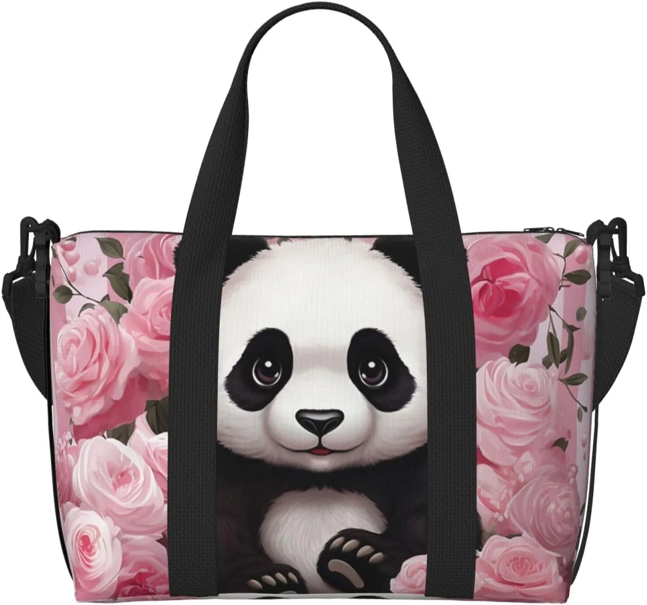 Sports Gym Bag for Women Men Travel Duffel Bag Tote Weekender Bag Carry on Overnight Bag for Travel Swimming Fitness Workout Sports Panda Rose Flowers Pink White Stripe Duffle Bag