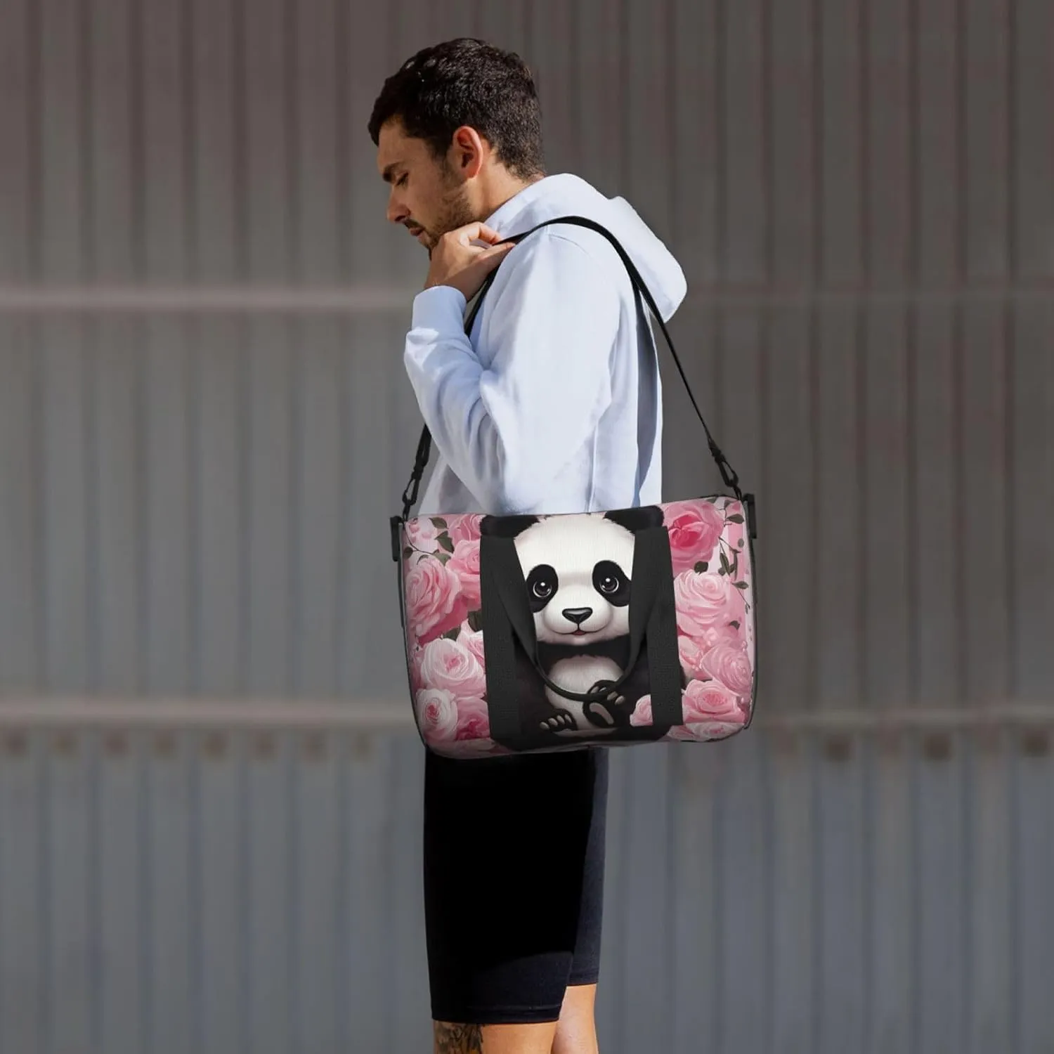 Sports Gym Bag for Women Men Travel Duffel Bag Tote Weekender Bag Carry on Overnight Bag for Travel Swimming Fitness Workout Sports Panda Rose Flowers Pink White Stripe Duffle Bag