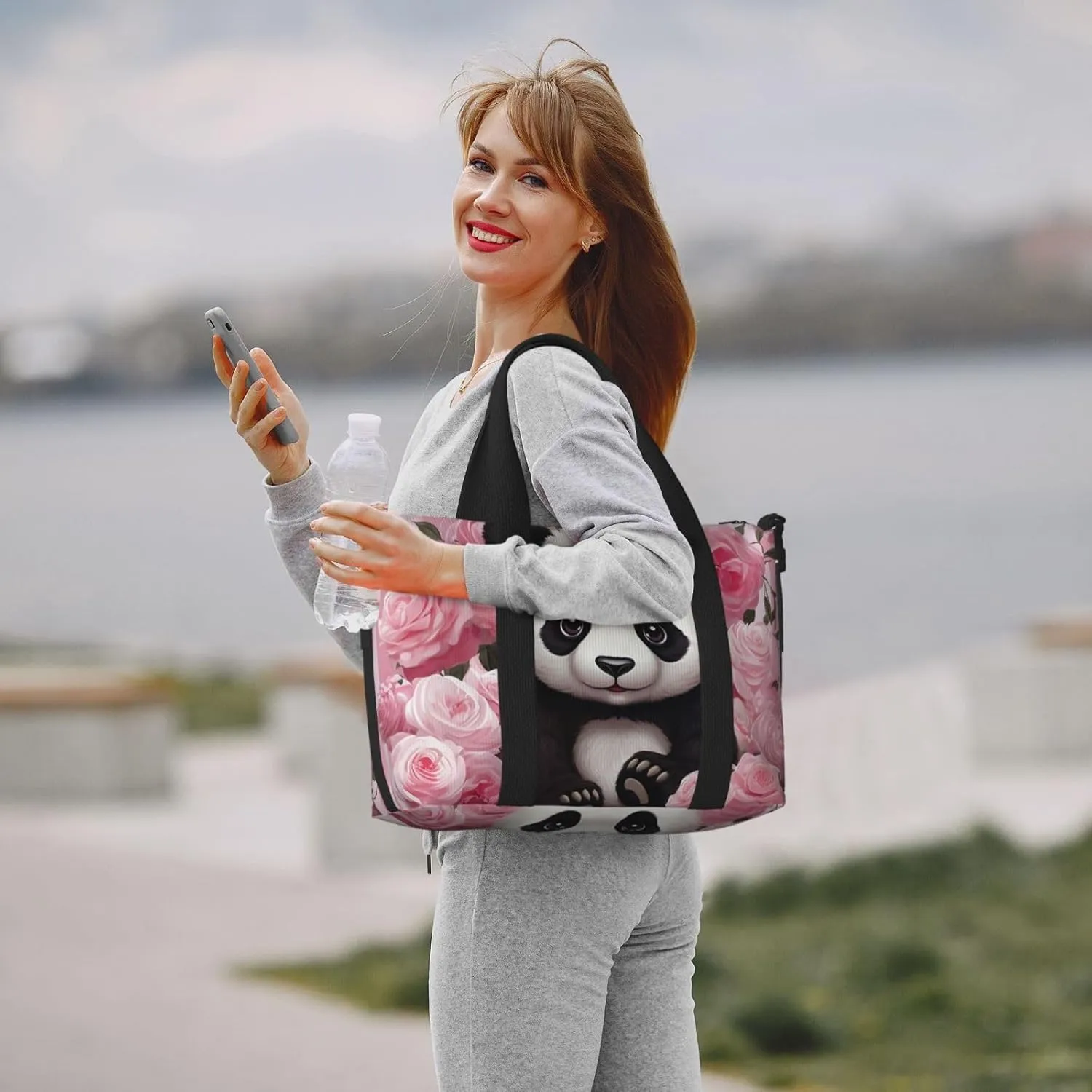 Sports Gym Bag for Women Men Travel Duffel Bag Tote Weekender Bag Carry on Overnight Bag for Travel Swimming Fitness Workout Sports Panda Rose Flowers Pink White Stripe Duffle Bag