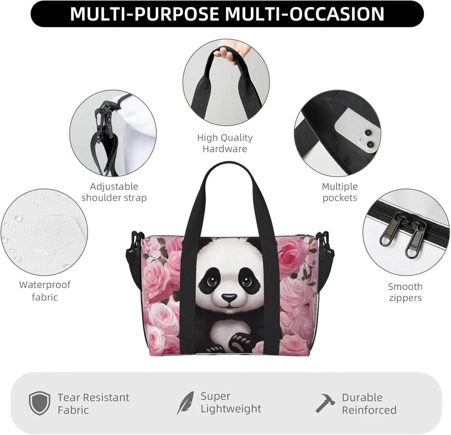 Sports Gym Bag for Women Men Travel Duffel Bag Tote Weekender Bag Carry on Overnight Bag for Travel Swimming Fitness Workout Sports Panda Rose Flowers Pink White Stripe Duffle Bag