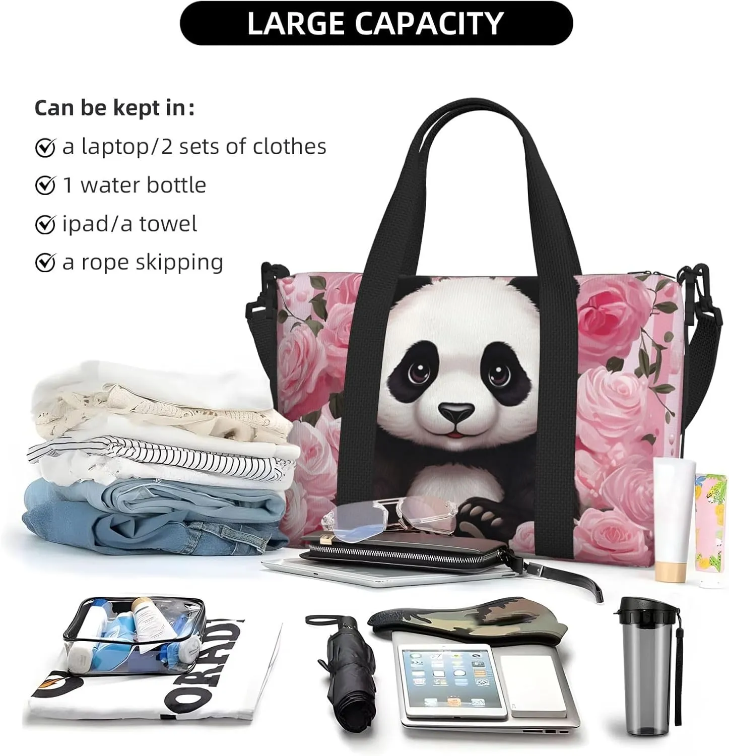 Sports Gym Bag for Women Men Travel Duffel Bag Tote Weekender Bag Carry on Overnight Bag for Travel Swimming Fitness Workout Sports Panda Rose Flowers Pink White Stripe Duffle Bag