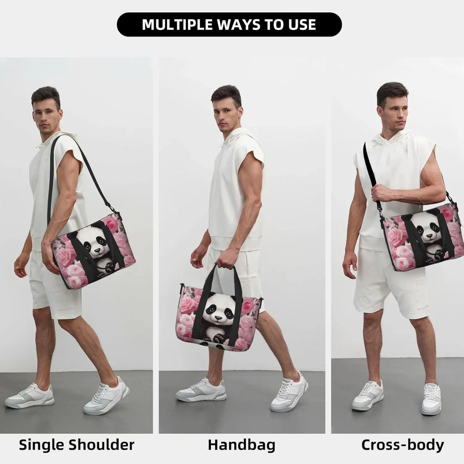 Sports Gym Bag for Women Men Travel Duffel Bag Tote Weekender Bag Carry on Overnight Bag for Travel Swimming Fitness Workout Sports Panda Rose Flowers Pink White Stripe Duffle Bag