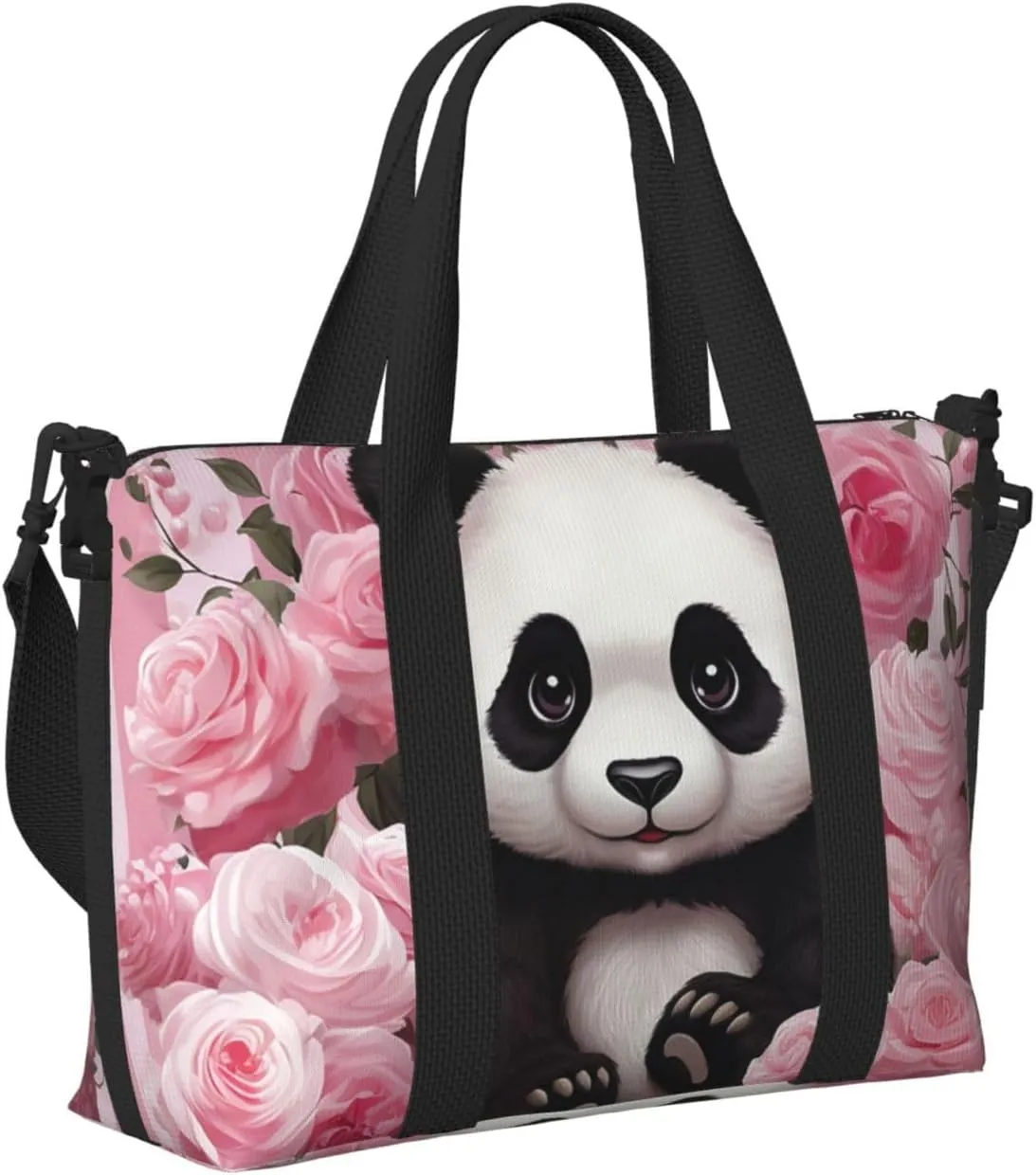 Sports Gym Bag for Women Men Travel Duffel Bag Tote Weekender Bag Carry on Overnight Bag for Travel Swimming Fitness Workout Sports Panda Rose Flowers Pink White Stripe Duffle Bag