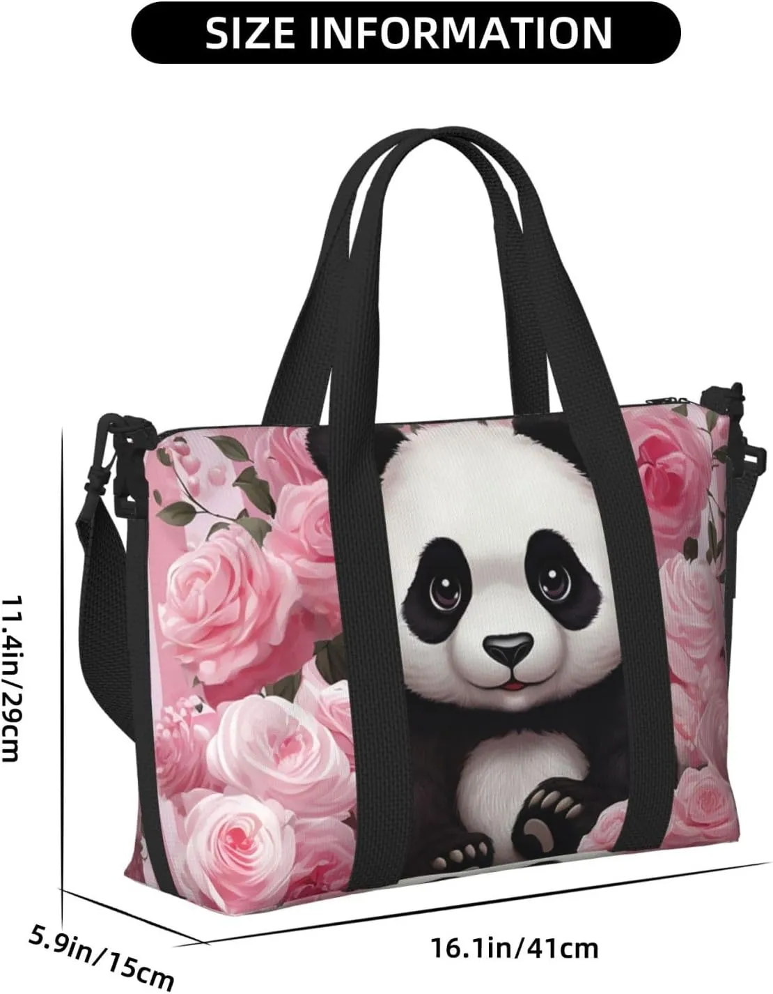 Sports Gym Bag for Women Men Travel Duffel Bag Tote Weekender Bag Carry on Overnight Bag for Travel Swimming Fitness Workout Sports Panda Rose Flowers Pink White Stripe Duffle Bag
