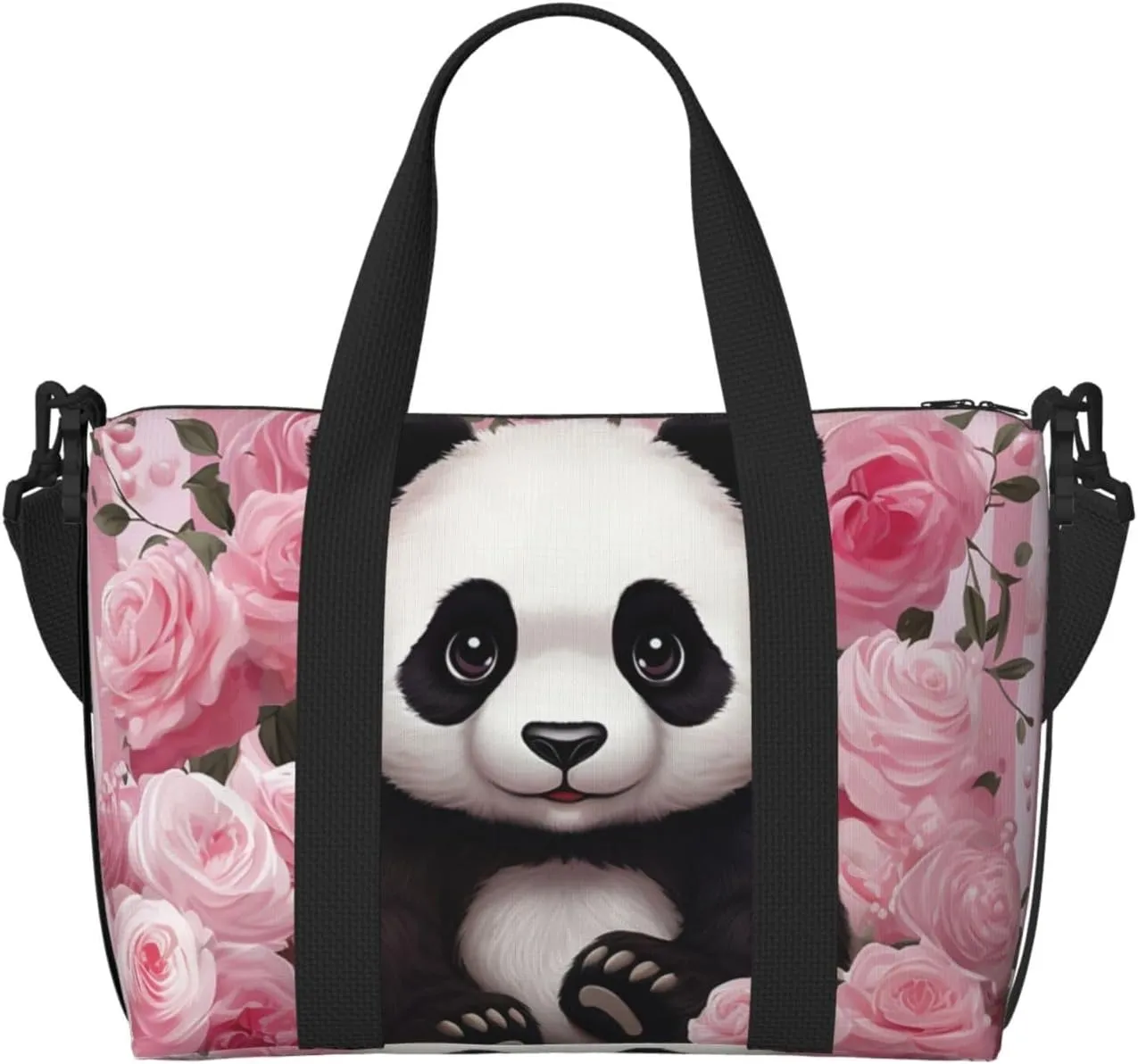 Sports Gym Bag for Women Men Travel Duffel Bag Tote Weekender Bag Carry on Overnight Bag for Travel Swimming Fitness Workout Sports Panda Rose Flowers Pink White Stripe Duffle Bag