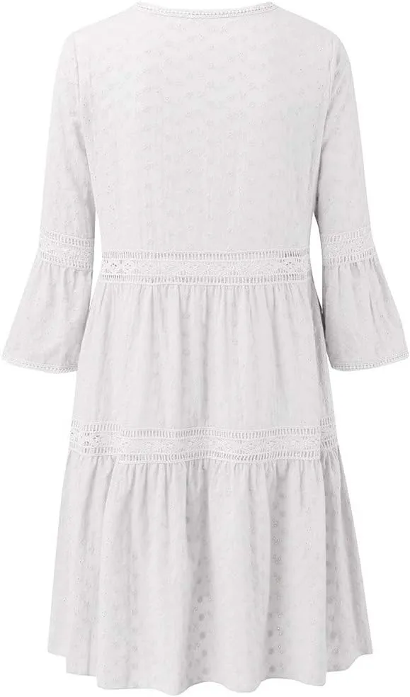 Spring Dresses for Women 2025,Lace Patchwork Casual Dresses Modest 3/4 Long Sleeve Mini Dress for Going Out Beach