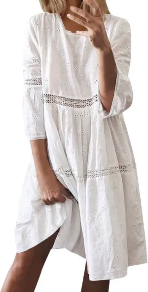 Spring Dresses for Women 2025,Lace Patchwork Casual Dresses Modest 3/4 Long Sleeve Mini Dress for Going Out Beach