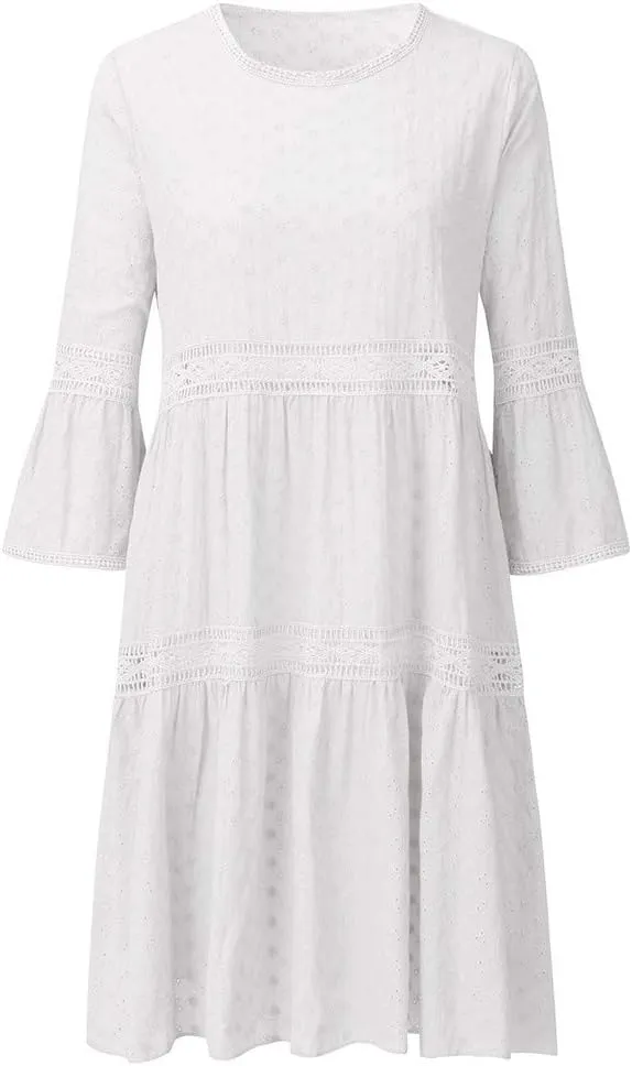 Spring Dresses for Women 2025,Lace Patchwork Casual Dresses Modest 3/4 Long Sleeve Mini Dress for Going Out Beach