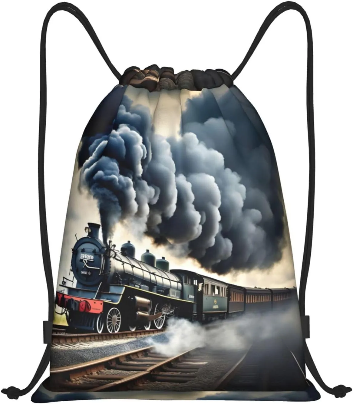 Steam Train Clouds Print Drawstring Bags Backpack Bag Sport Gym Sack Drawstring Bag Shopping String Bag, Medium