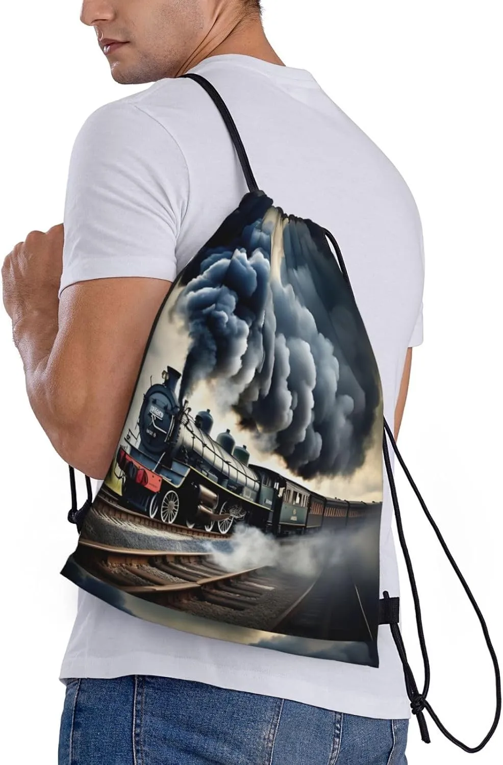 Steam Train Clouds Print Drawstring Bags Backpack Bag Sport Gym Sack Drawstring Bag Shopping String Bag, Medium