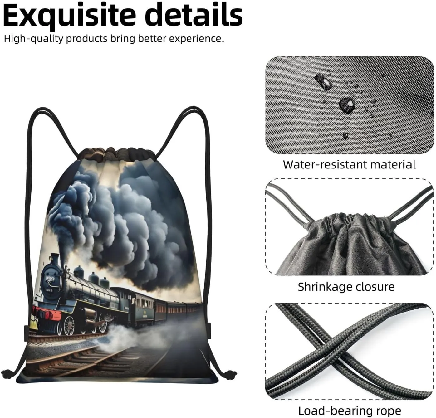 Steam Train Clouds Print Drawstring Bags Backpack Bag Sport Gym Sack Drawstring Bag Shopping String Bag, Medium