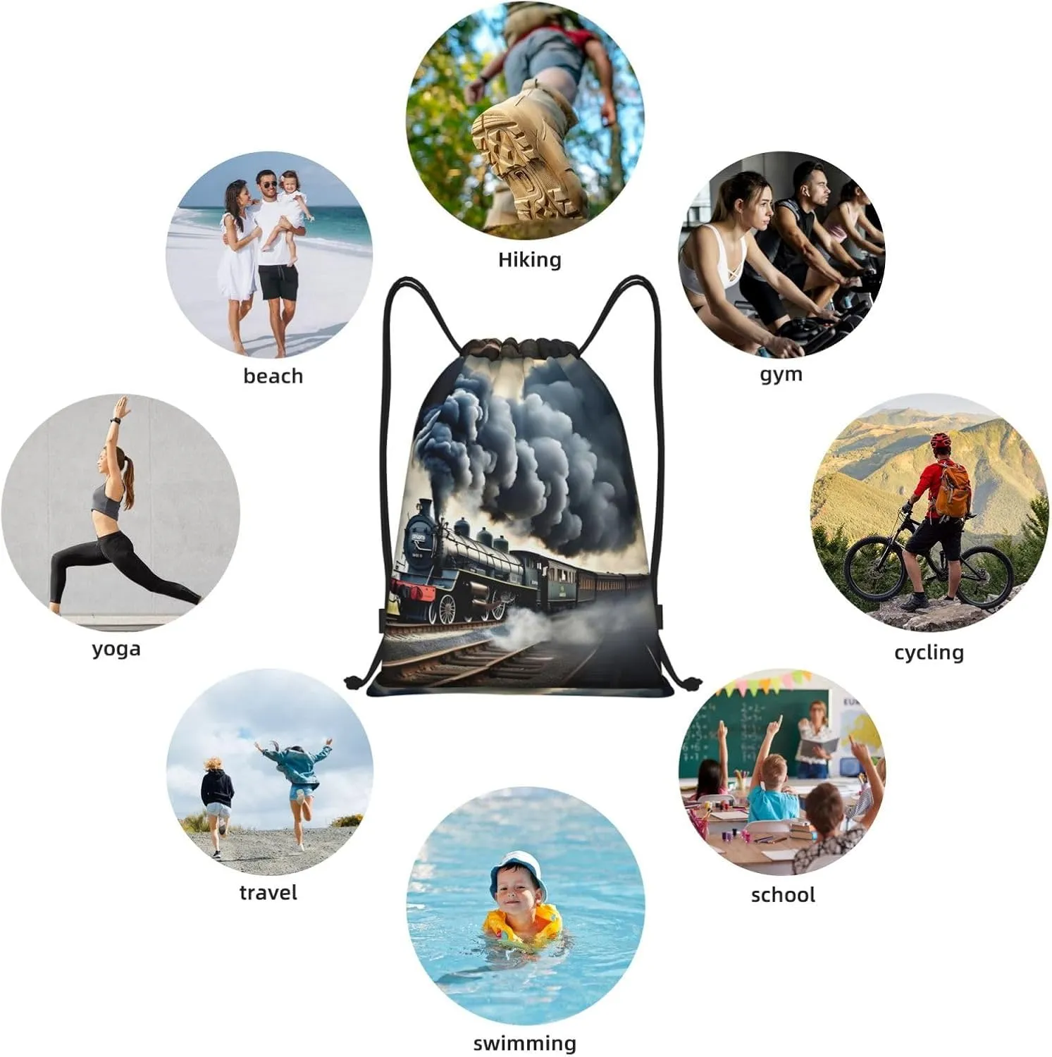 Steam Train Clouds Print Drawstring Bags Backpack Bag Sport Gym Sack Drawstring Bag Shopping String Bag, Medium