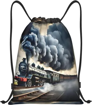 Steam Train Clouds Print Drawstring Bags Backpack Bag Sport Gym Sack Drawstring Bag Shopping String Bag, Medium