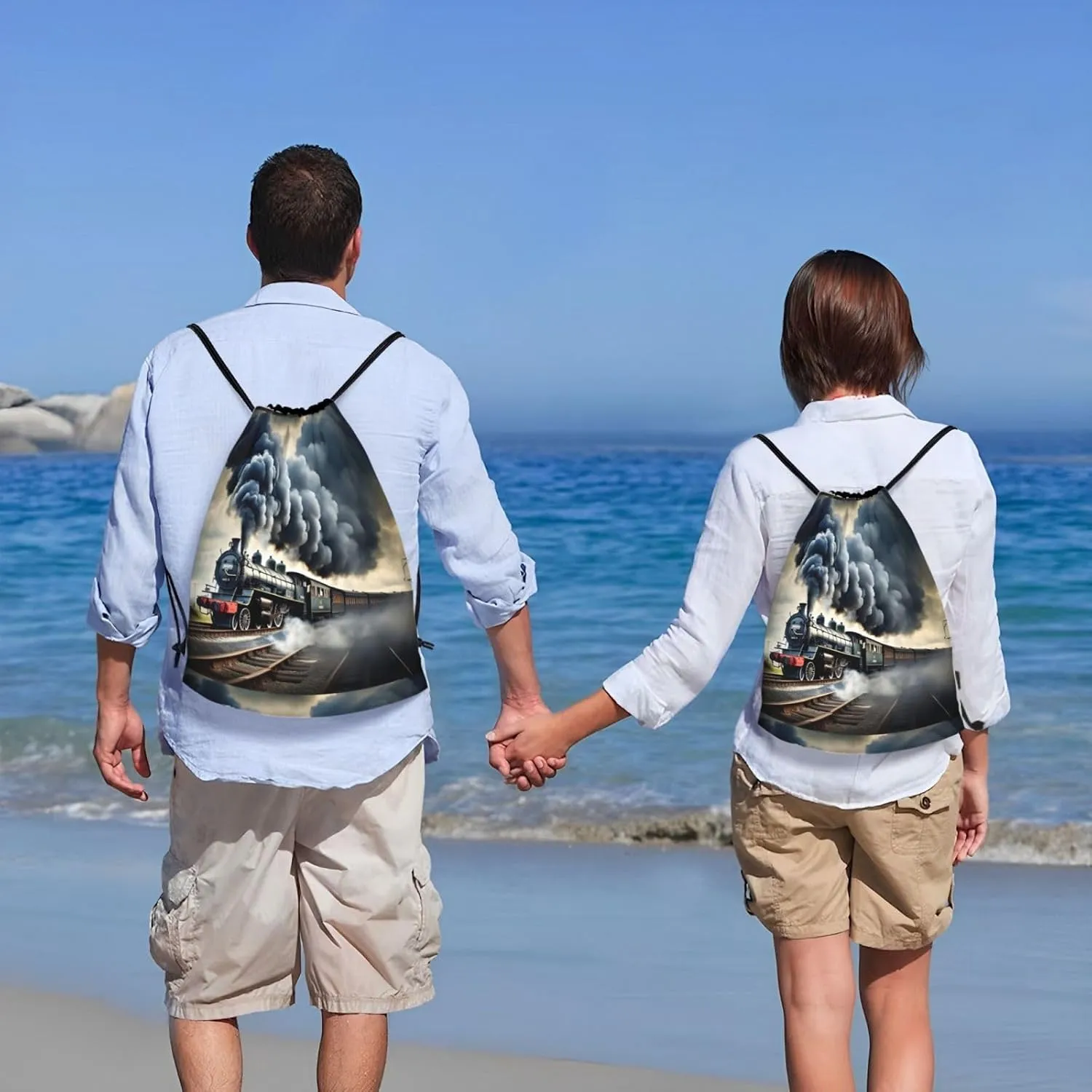 Steam Train Clouds Print Drawstring Bags Backpack Bag Sport Gym Sack Drawstring Bag Shopping String Bag, Medium