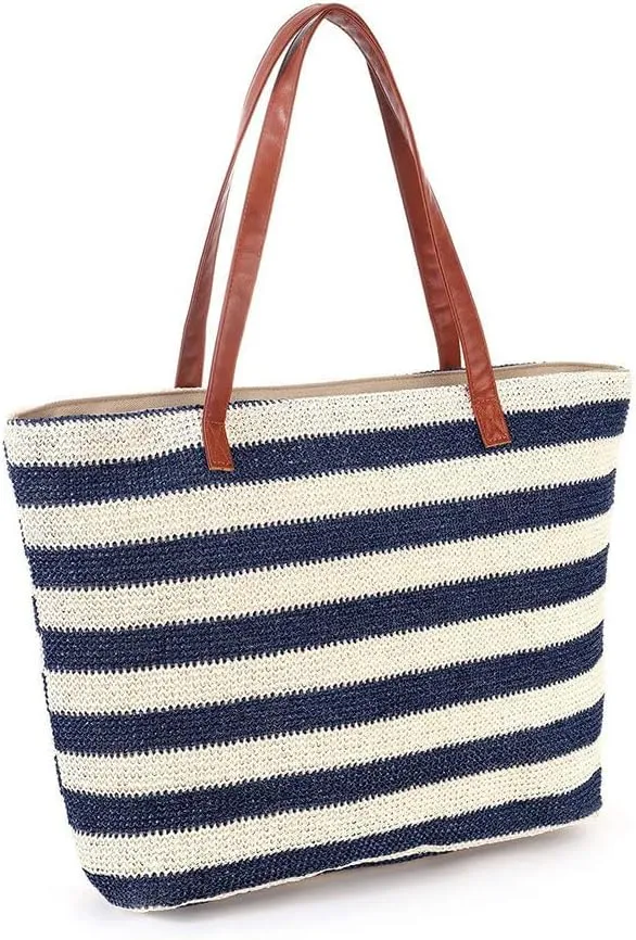 Straw Beach Bag for Women, Large Capacity Light Weight Summer Beach Striped Straw Woven Tote Bag
