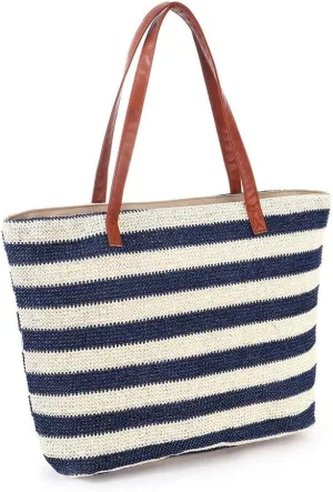 Straw Beach Bag for Women, Large Capacity Light Weight Summer Beach Striped Straw Woven Tote Bag