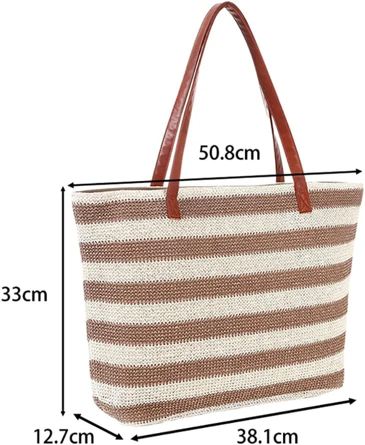 Stripe and Stitchwork Straw Tote Beach Bag with Zipper, Women Large Capacity Handbags Sandproof Casual Shopping Bags - Beige