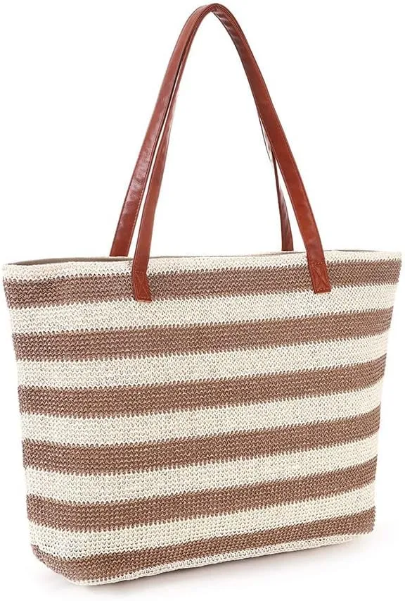 Stripe and Stitchwork Straw Tote Beach Bag with Zipper, Women Large Capacity Handbags Sandproof Casual Shopping Bags - Beige