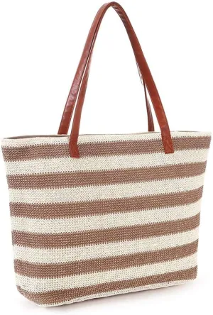Stripe and Stitchwork Straw Tote Beach Bag with Zipper, Women Large Capacity Handbags Sandproof Casual Shopping Bags - Beige