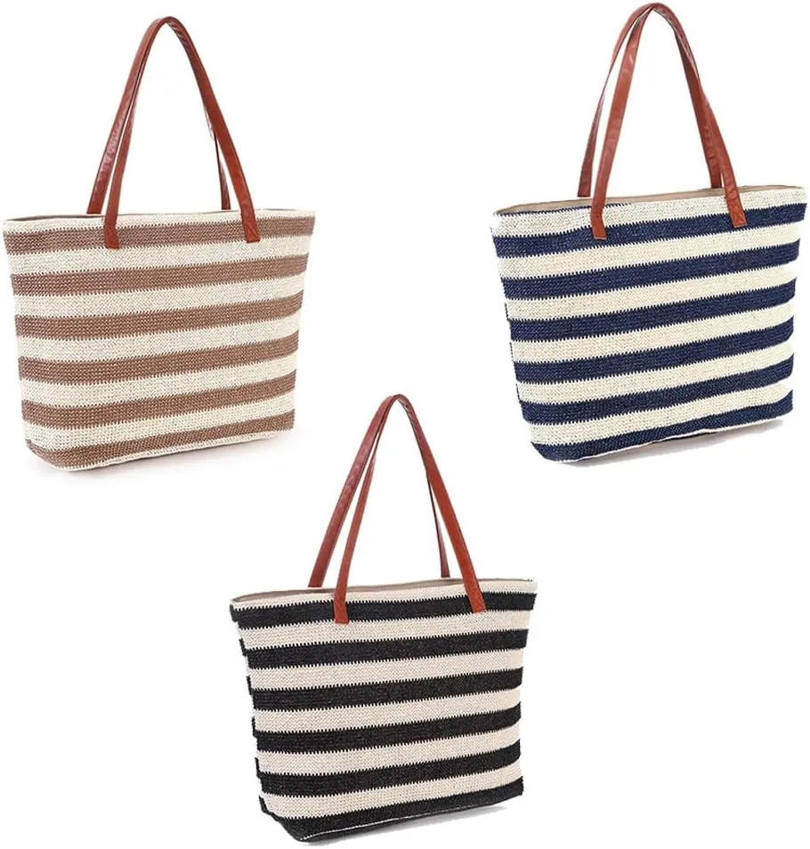 Stripe and Stitchwork Straw Tote Beach Bag with Zipper, Women Large Capacity Handbags Sandproof Casual Shopping Bags - Beige