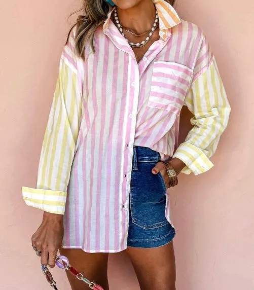 Stripe Contrast Collar Long Sleeve Patchwork Shirt