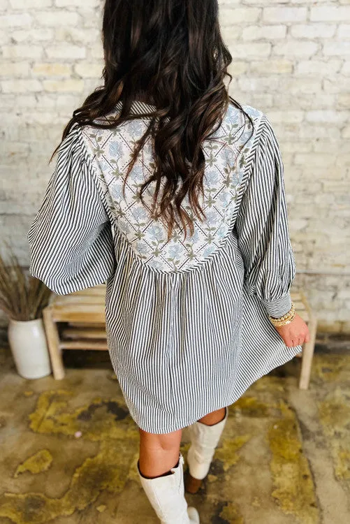 Stripe Floral Patchwork Tied V Neck Shift Long Sleeve Mini Dress
